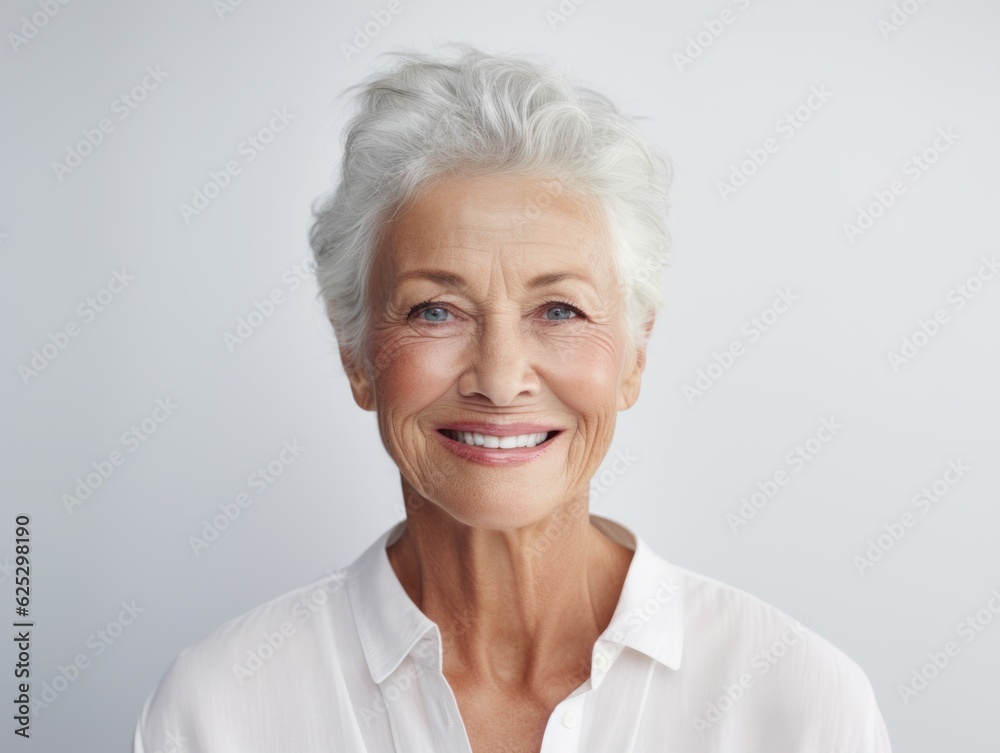 a closeup photo portrait of a beautiful elderly senior model woman with short grey hair laughing and smiling with clean teeth. used for a dental ad. isolated on white background. Generative AI a closeup photo portrait of a beautiful elderly senior model woman with short grey hair laughing and smiling with clean teeth. used for a dental ad. isolated on white background. Generative AI