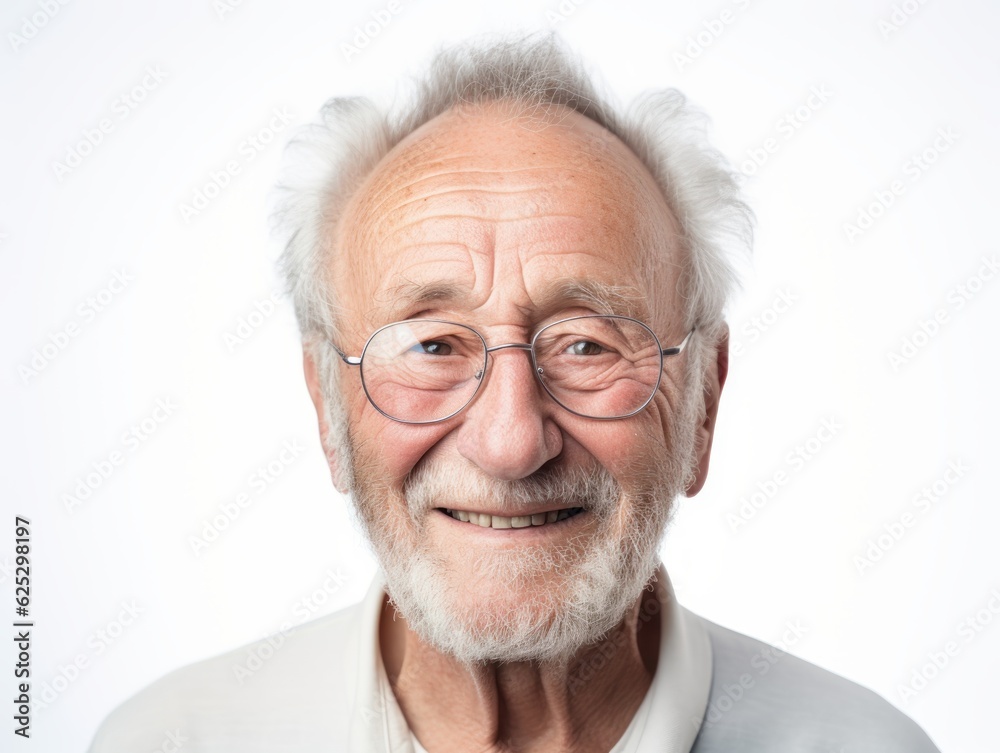 a closeup photo portrait of a elderly old model man with short balding grey hair and reading glasses laughing and smiling with clean teeth. used for a dental ad. on white background. Generative AI a closeup photo portrait of a elderly old model man with short balding grey hair and reading glasses laughing and smiling with clean teeth. used for a dental ad. on white background. Generative AI