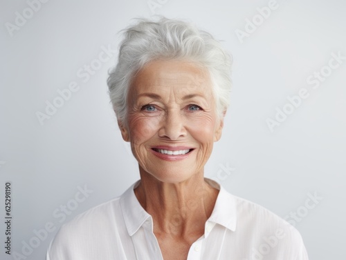 a closeup photo portrait of a beautiful elderly senior model woman with short grey hair laughing and smiling with clean teeth. used for a dental ad. isolated on white background. Generative AI