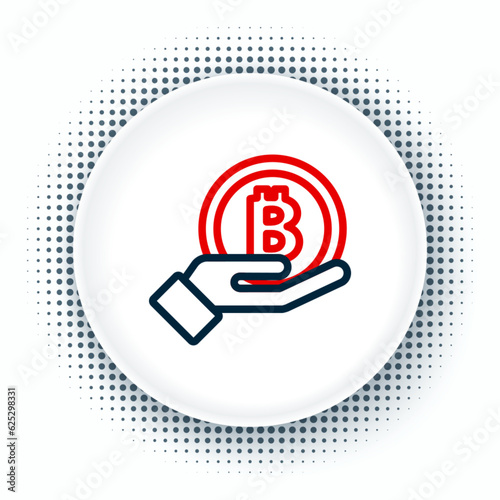 Line Hand holding Bitcoin icon isolated on white background. Blockchain technology, digital money market, cryptocoin wallet. Colorful outline concept. Vector