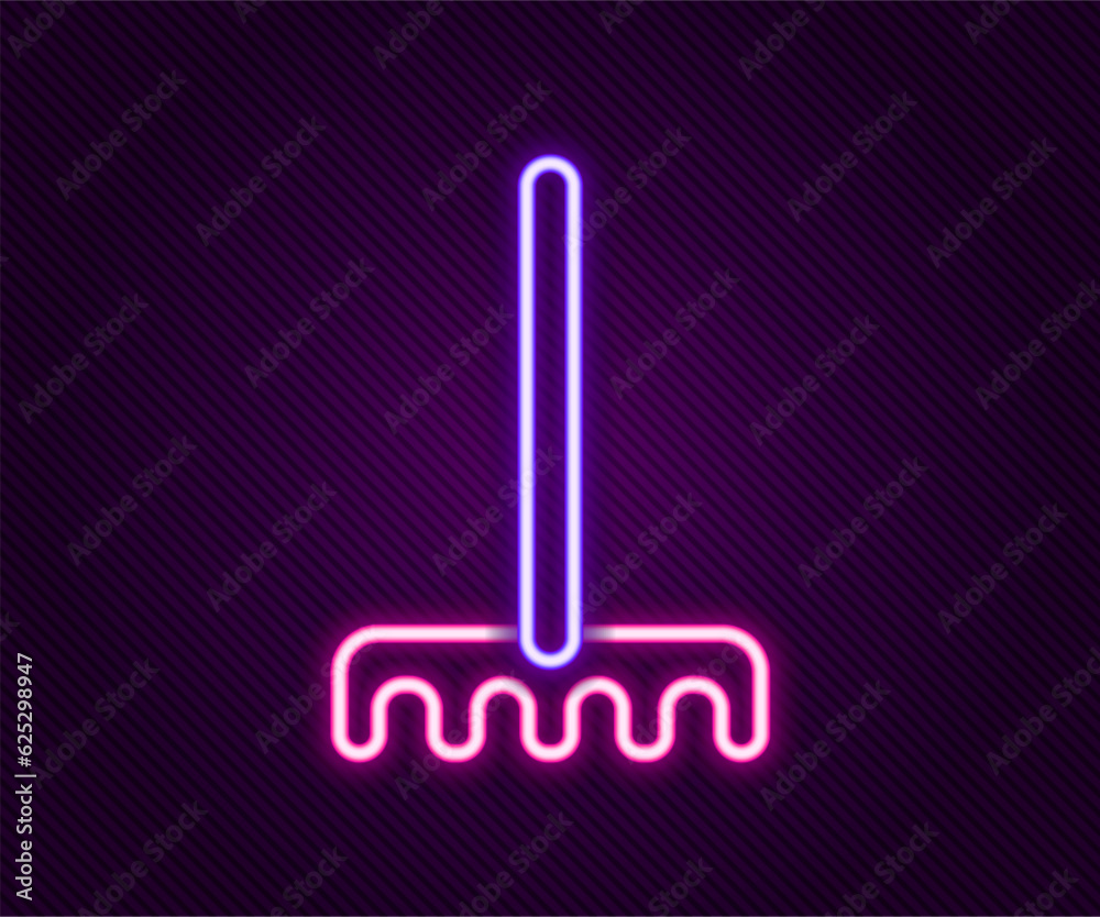 Glowing neon line Garden rake icon isolated on black background. Tool for horticulture, agriculture, farming. Ground cultivator. Housekeeping equipment. Colorful outline concept. Vector Glowing neon line Garden rake icon isolated on black background. Tool for horticulture, agriculture, farming. Ground cultivator. Housekeeping equipment. Colorful outline concept. Vector