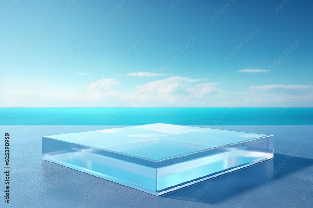 Transparent glass podium on crystal water surface in blue with white clouds sky background. Show case for cosmetic products, new product, promotion sale and presentation. Generative AI