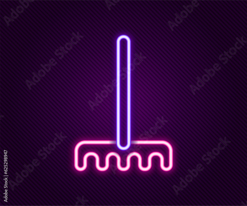 Glowing neon line Garden rake icon isolated on black background. Tool for horticulture, agriculture, farming. Ground cultivator. Housekeeping equipment. Colorful outline concept. Vector