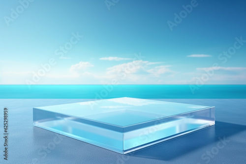 Transparent glass podium on crystal water surface in blue with white clouds sky background. Show case for cosmetic products, new product, promotion sale and presentation. Generative AI © Rytis
