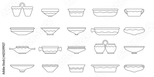 Various ceramic plate. Vector illustration craft dish. Different shapes kitchen cap. Ancient ceramics with ornament. Pottery concept. Traditional crockery for food. Earthenware icon side view
