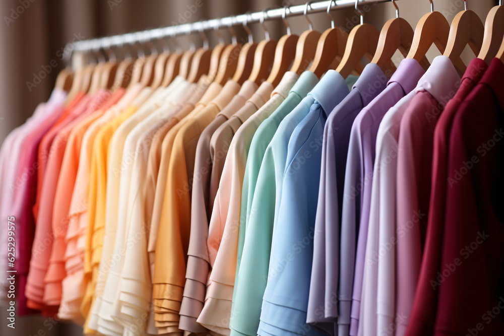 Fashion clothes on clothing rack - bright colorful closet. Summer home wardrobe.Generative AI technology. Fashion clothes on clothing rack - bright colorful closet. Summer home wardrobe.Generative AI technology.