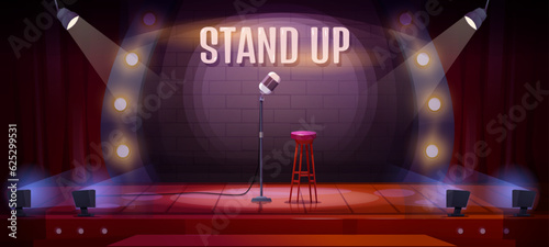 Standup scene poster. Colorful panorama with chair and microphone, soffits and curtains. Stage for karaoke concerts and music contest, performances and comedy shows. Cartoon flat vector illustration