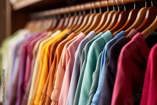 Fashion clothes on clothing rack - bright colorful closet. Summer home wardrobe.Generative AI technology.