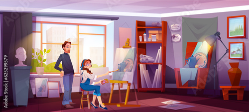 Art school studio. Characters in workshop draw and paint. Man teaches student basics of art in classroom. Interior with canvas and paints, sculpture and vase. Cartoon flat vector illustration