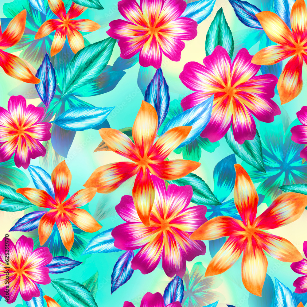 Watercolor flowers pattern, red and pink tropical elements, green leaves, blue background, seamless