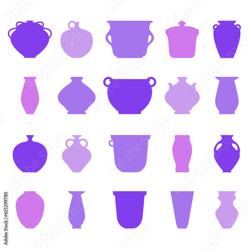 Modern pottery collection with colorful silhouettes. Vector illustration with a set of various pottery. Porcelain pots and vases. Set is perfect for design ceramics art studio