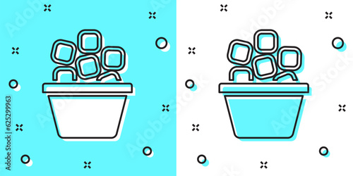 Black line Ice bucket filled with ice cubes icon isolated on green and white background. Random dynamic shapes. Vector