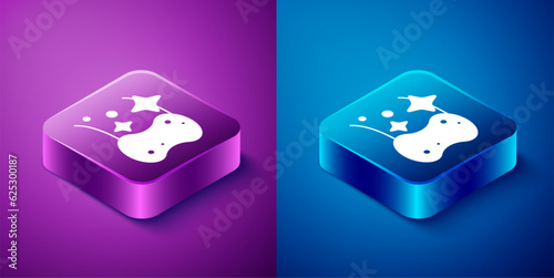 Isometric Sponge icon isolated on blue and purple background. Wisp of bast for washing dishes. Cleaning service logo. Square button. Vector