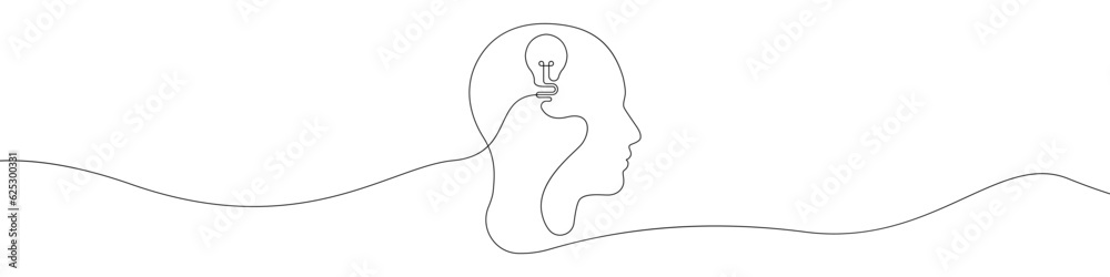 Head with a light bulb icon line continuous drawing vector. One line ...