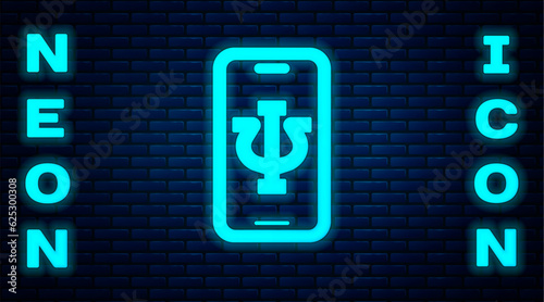 Glowing neon Online psychological counseling distance icon isolated on brick wall background. Psychotherapy, psychological help, psychiatrist online consulting. Vector