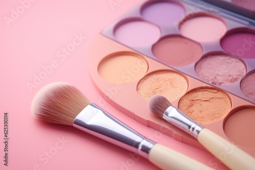 Eyeshadow palette, makeup brushes, blush and face powder on pastel pink background. AI generated