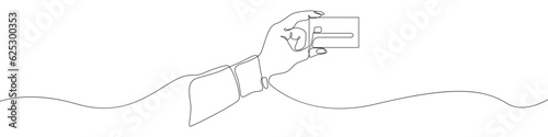 Bank card in hand icon line continuous drawing vector. One line Contactless payment card template icon vector background. Blank bank card template icon. Continuous outline of a Bank card in fingers ic
