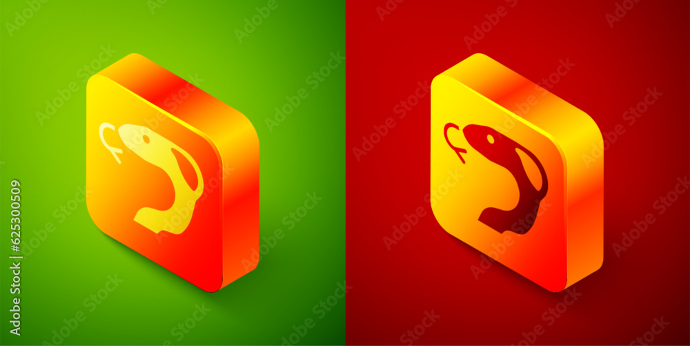 Isometric Snake icon isolated on green and red background. Square button. Vector