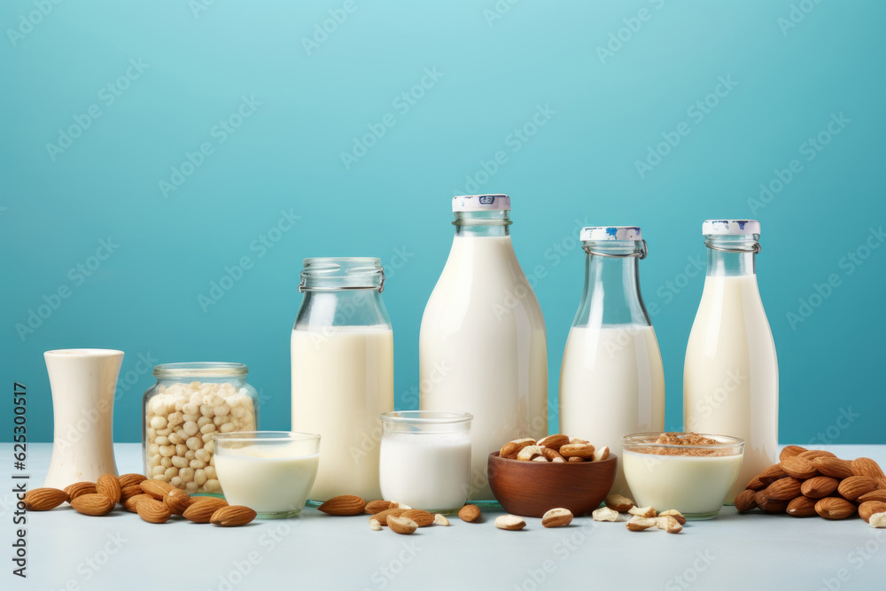 Non dairy plant based milk in bottles and ingredients on turquoise background. AI generated Non dairy plant based milk in bottles and ingredients on turquoise background. AI generated