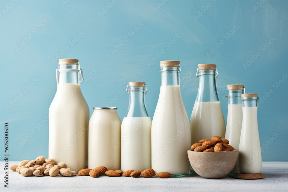 Non dairy plant based milk in bottles and ingredients on turquoise background. AI generated Non dairy plant based milk in bottles and ingredients on turquoise background. AI generated
