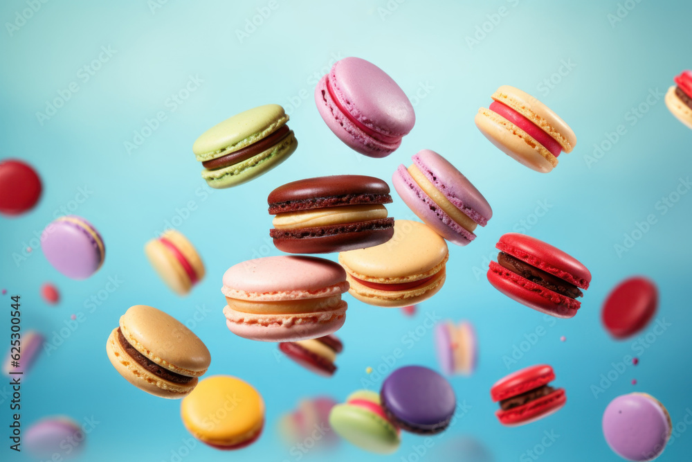 Scene of colorful macarons floating in mid - air against a pastel background. AI generated Scene of colorful macarons floating in mid - air against a pastel background. AI generated