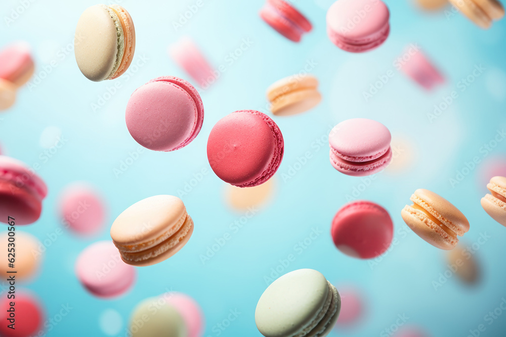 Obraz premium Scene of colorful macarons floating in mid - air against a pastel background. AI generated