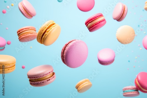 Scene of colorful macarons floating in mid - air against a pastel background. AI generated