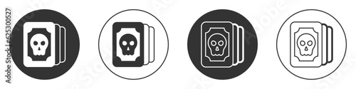 Black Tarot cards icon isolated on white background. Magic occult set of tarot cards. Circle button. Vector