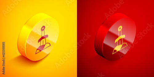 Isometric Sword in the stone icon isolated on orange and red background. Excalibur the sword in the stone from the Arthurian legends. Circle button. Vector