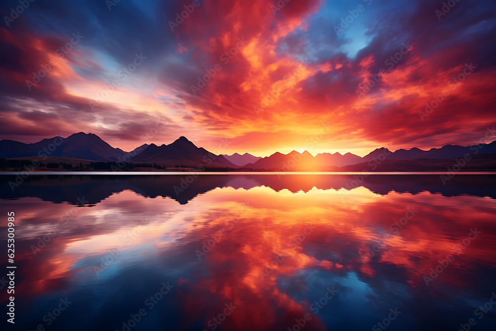 A breathtaking shot of a fiery sunset reflected on a still lake, merging heaven and earth in a moment of pure magic.
