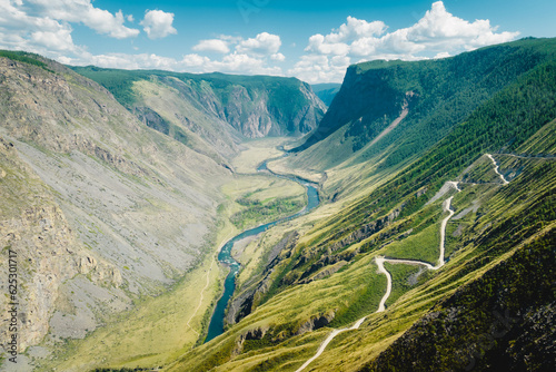 View of the Katu Yaryk pass in Altai Republic, Russia. Altai mountains. Mountain pass Katu-Yaryk. Valley of the mountain river Chulyshman. Mountain dangerous road