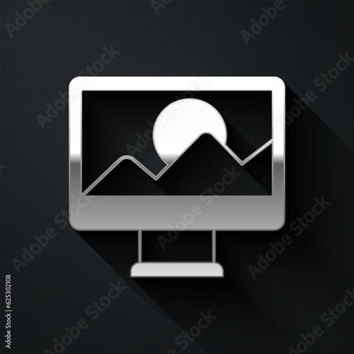 Silver Photo retouching icon isolated on black background. Photographer, photography, retouch icon. Long shadow style. Vector