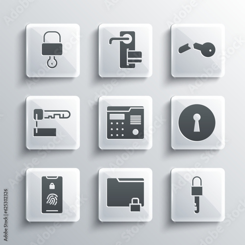 Free Download Set Folder and lock, Locked key, Keyhole, House intercom system, Mobile with fingerprint scan, Marked, and Broken icon. Vector - GFXLoad