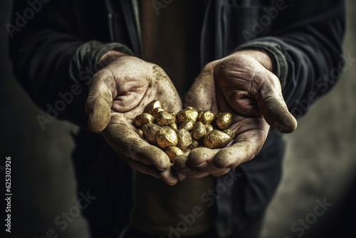 Artisanal miner hands holding gold nuggets. Generative AI.