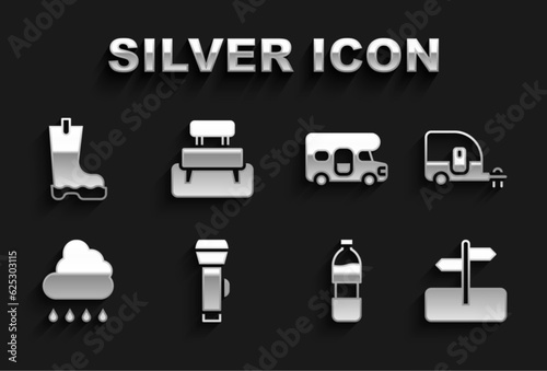 Set Flashlight, Rv Camping trailer, Road traffic sign, Bottle of water, Cloud with rain, RV motorhome vehicle, Waterproof rubber boot and Bench icon. Vector