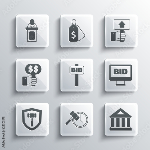 Set Auction hammer, Museum building, Online auction, Hand holding paddle, auctioneer sells and icon. Vector