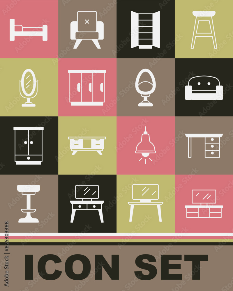 Set TV table stand, Office desk, Armchair, Wardrobe, Mirror, Bed and icon. Vector