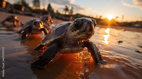 Endangered young baby turtles in warm evening sunlight being released at a beach in Sri Lanka, fighting their way towards the ocean. © Dushan