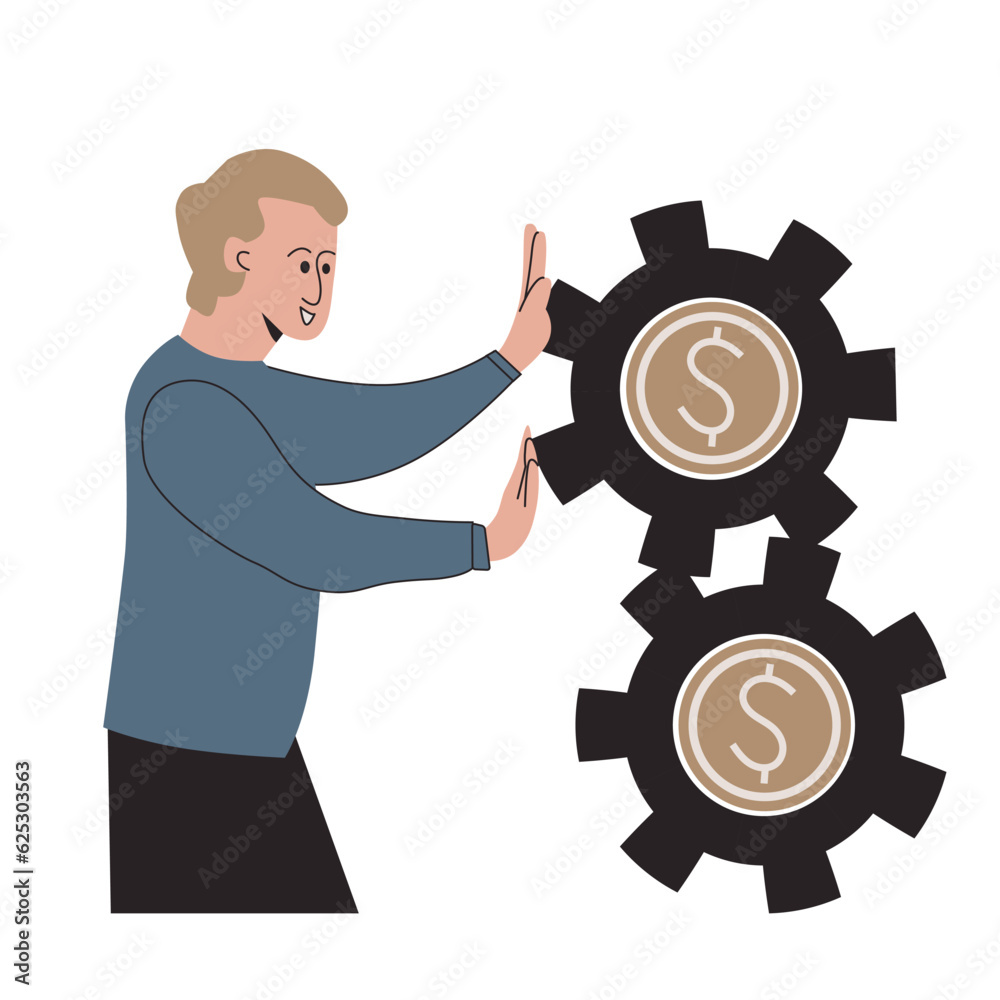 Economics and financial management concept man joins gear mechanism with money symbol (dollar) inside main cog wheel. isolated vector illustration Economics and financial management concept man joins gear mechanism with money symbol (dollar) inside main cog wheel. isolated vector illustration