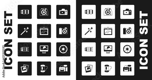 Set Photo camera, frame, retouching, Camera photo lens, shutter and icon. Vector