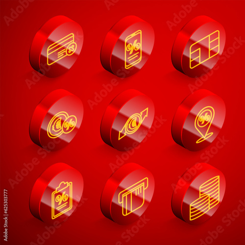 Set line Credit card remove, Percent discount and mobile, with chip, Money coin percent, Financial growth euro, Location, Finance document and icon. Vector