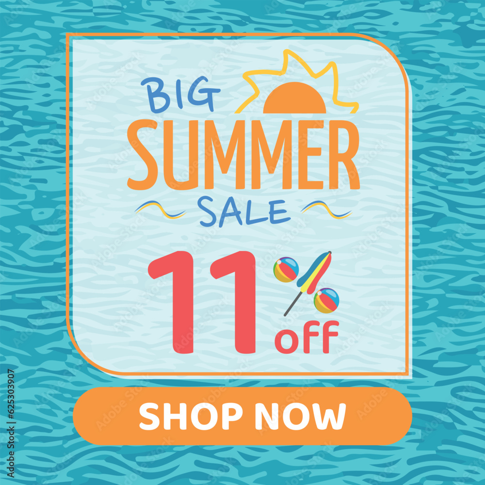 Fototapeta premium Big Summer Sale 12% off, Orange and Blue, Beach Balls and Beach Umbrella form the Percentage Symbol, Pool Water Background, Shop Now