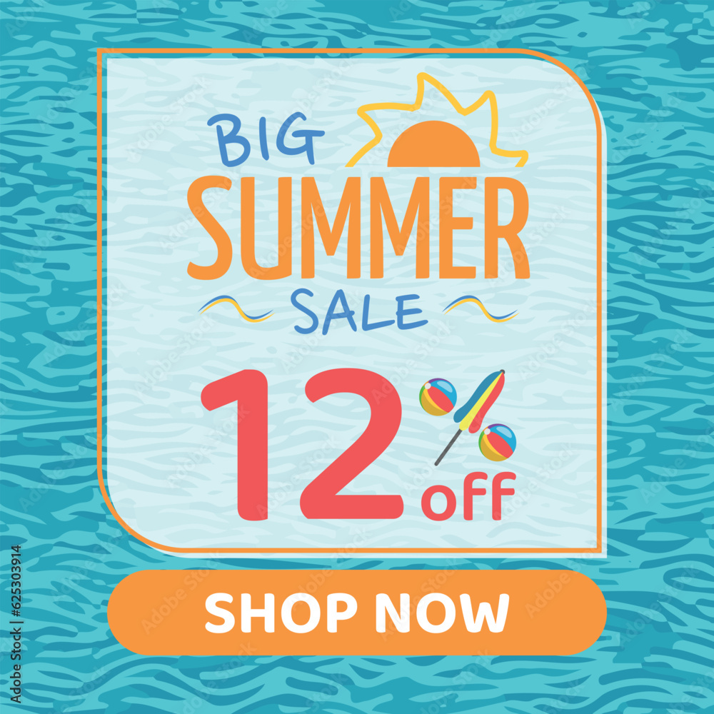 Fototapeta premium Big Summer Sale 12% off, Orange and Blue, Beach Balls and Beach Umbrella form the Percentage Symbol, Pool Water Background, Shop Now
