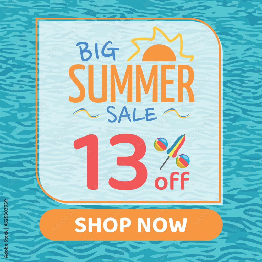 Fototapeta premium Big Summer Sale 13% off, Orange and Blue, Beach Balls and Beach Umbrella form the Percentage Symbol, Pool Water Background, Shop Now