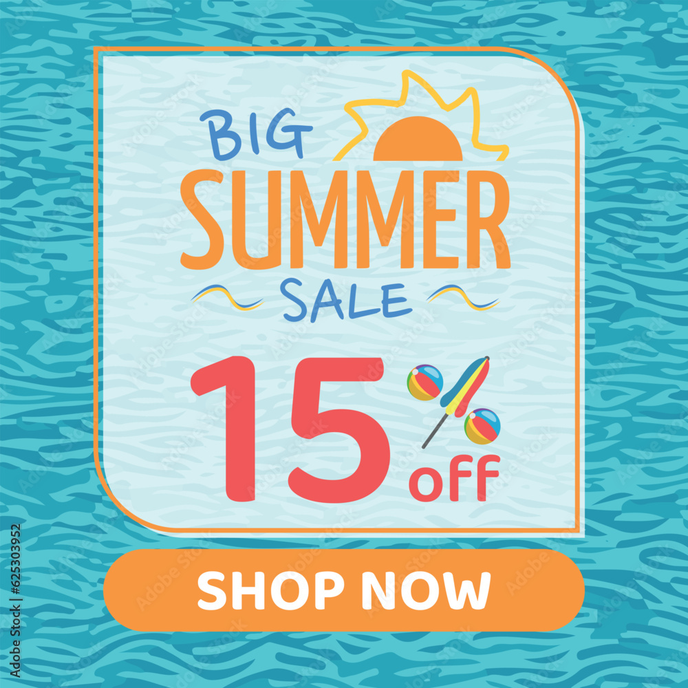Fototapeta premium Big Summer Sale 15% off, Orange and Blue, Beach Balls and Beach Umbrella form the Percentage Symbol, Pool Water Background, Shop Now