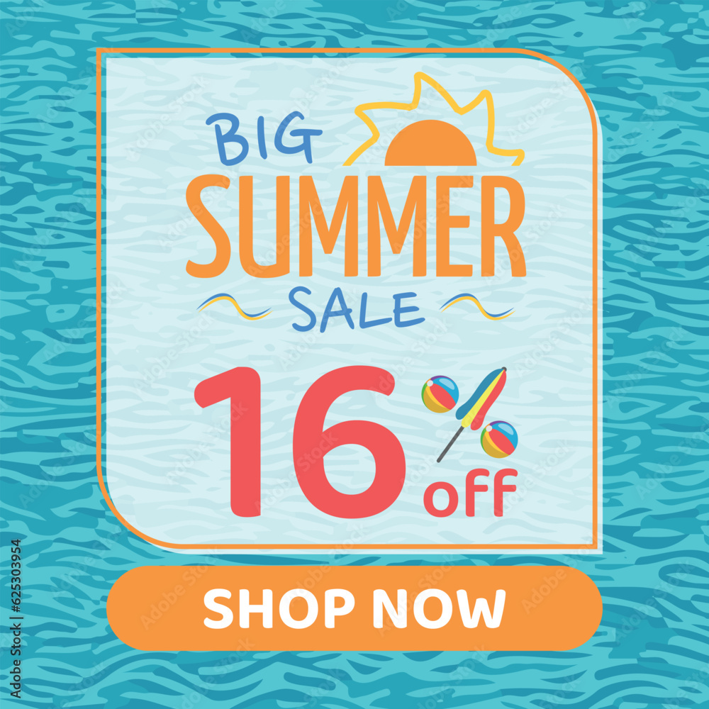 Fototapeta premium Big Summer Sale 16% off, Orange and Blue, Beach Balls and Beach Umbrella form the Percentage Symbol, Pool Water Background, Shop Now
