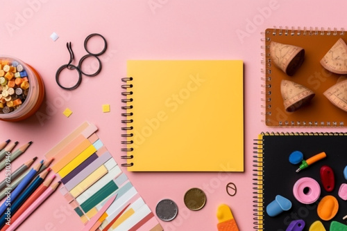 top view of school supplies near blank notebook isolated on pink Generative AI