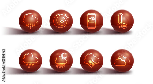 Set line Cloud with rain, Meteorology thermometer, snow, and moon, Moon stars, Sun cloud weather and Weather forecast icon. Vector