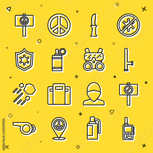 Set line Walkie talkie, Protest, Police rubber baton, Military knife, Hand grenade, badge, Peace and Gas mask icon. Vector