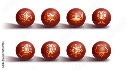 Set line Cryptocurrency key, Hand holding Bitcoin, Blockchain technology, cloud mining and with circuit icon. Vector